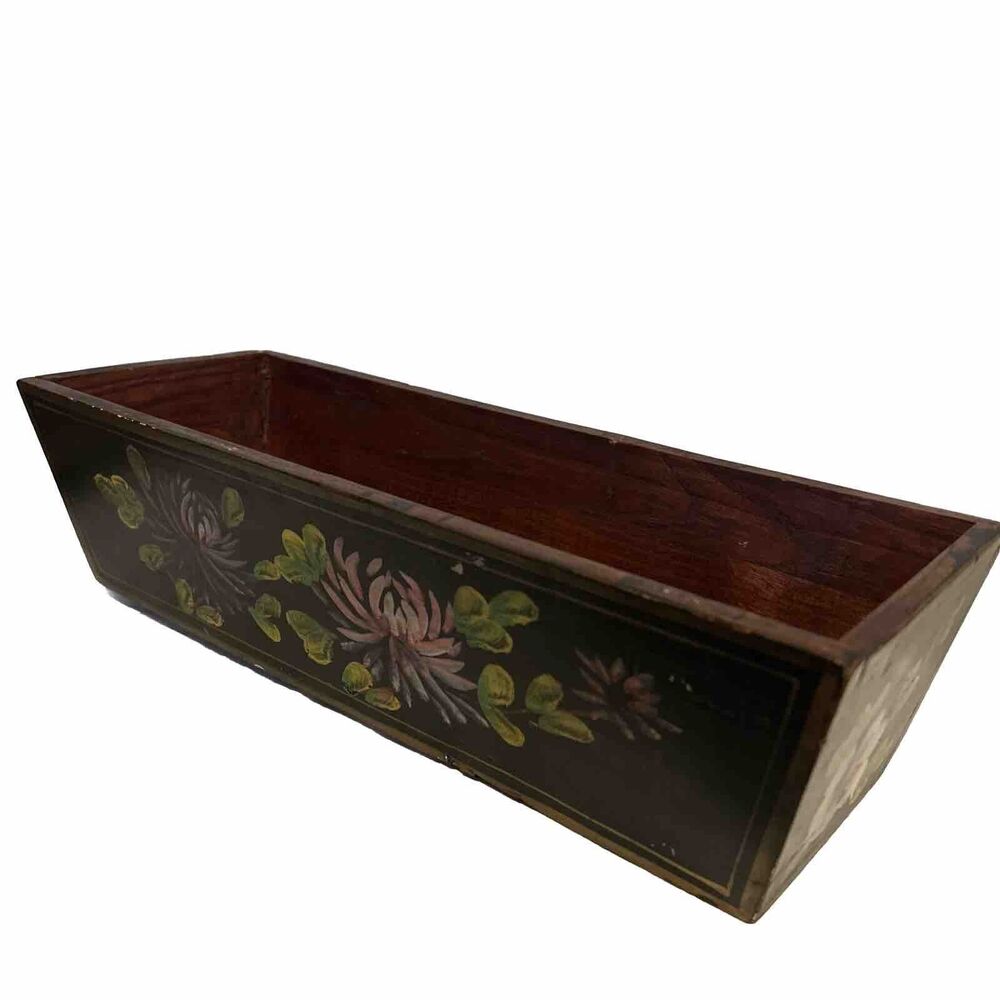ANTIQUE AMERICAN ENAMEL PAINTED Flower, Storage, Trinket Box W/SLOPED SIDES